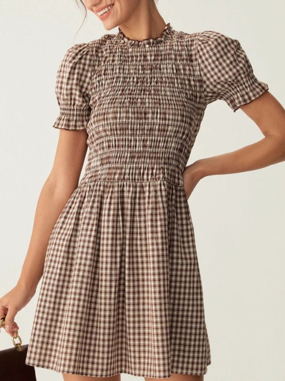 RIHOAS Coffee Plaid Shirred Puffed Sleeve Midi Dress